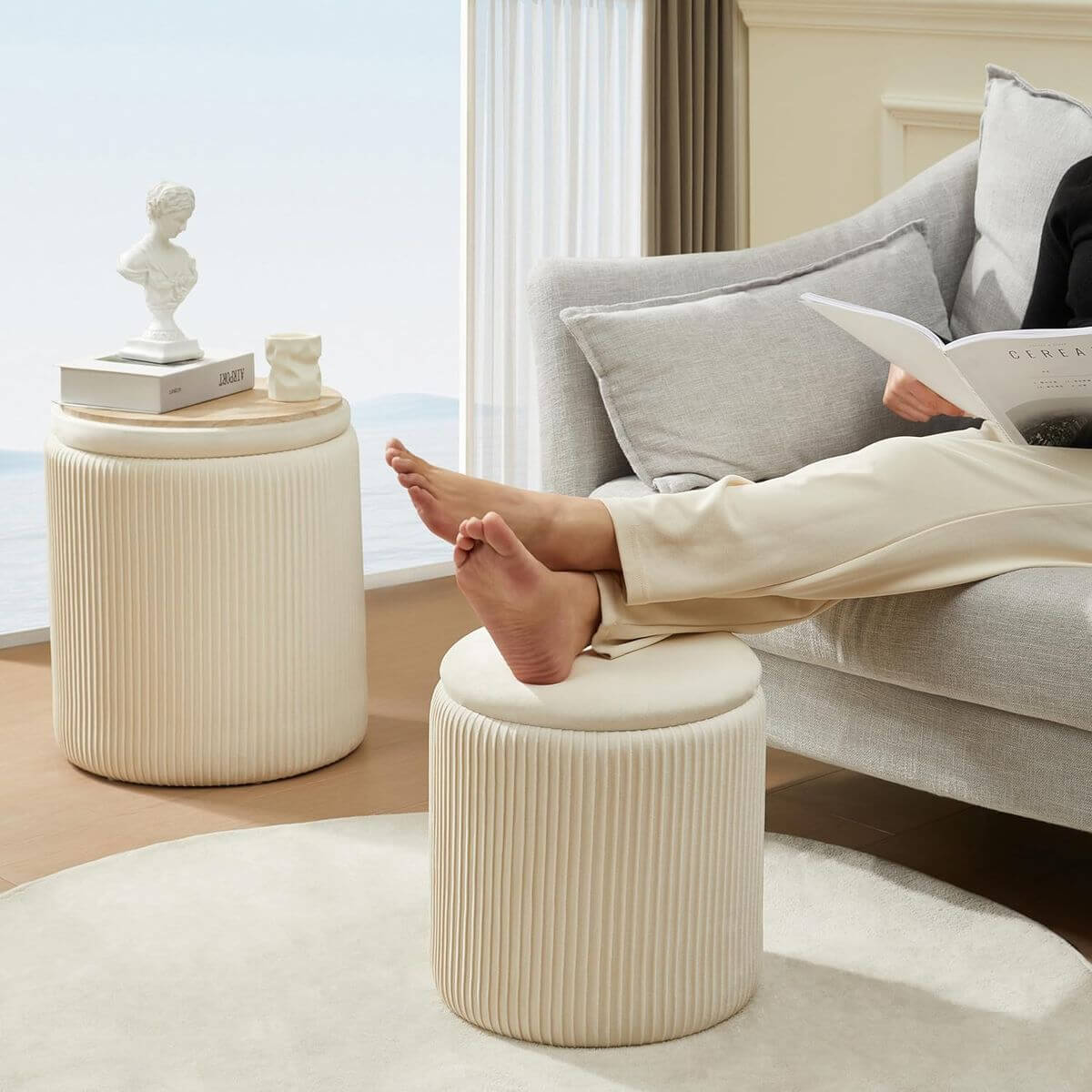 Deux Poufs de Rangement avec Couvercle en Bois
