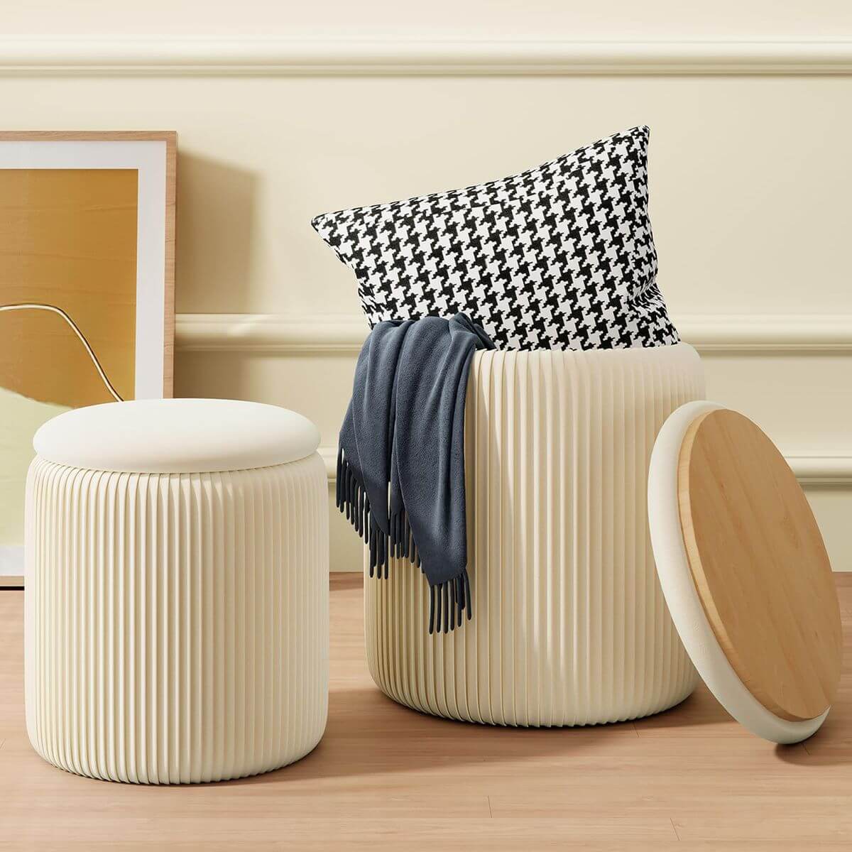 Deux Poufs de Rangement avec Couvercle en Bois